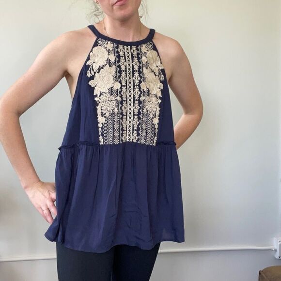 High Neck Navy Boho Embroidered Tank Top M - Picture 1 of 11